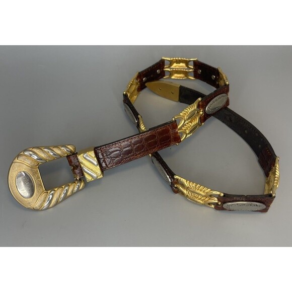 Vtg 80s Lady Captiva Leather Metal Western Belt Women MED Brown Gold Rodeo Bling - Picture 1 of 8